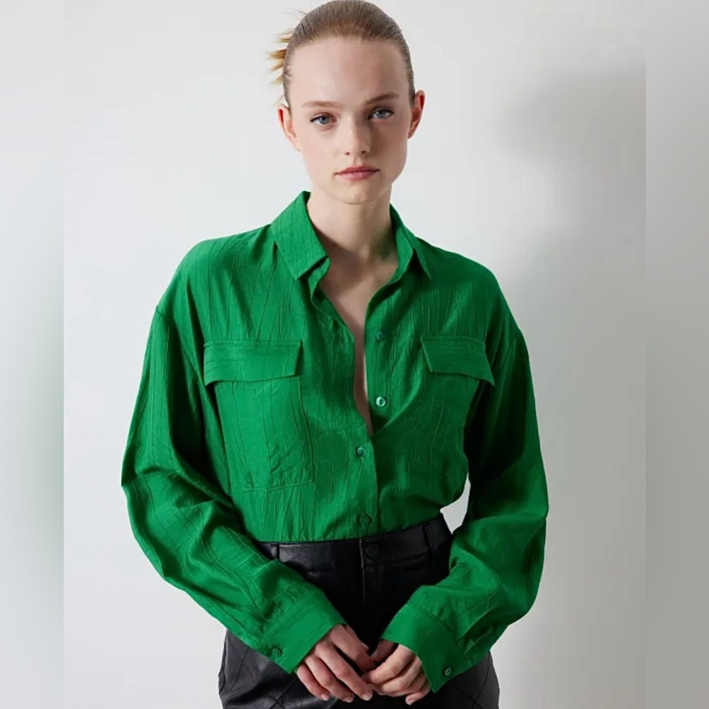 100% Silk PRINCIPLES Vintage Emerald Green Button-Up Shirt Medium